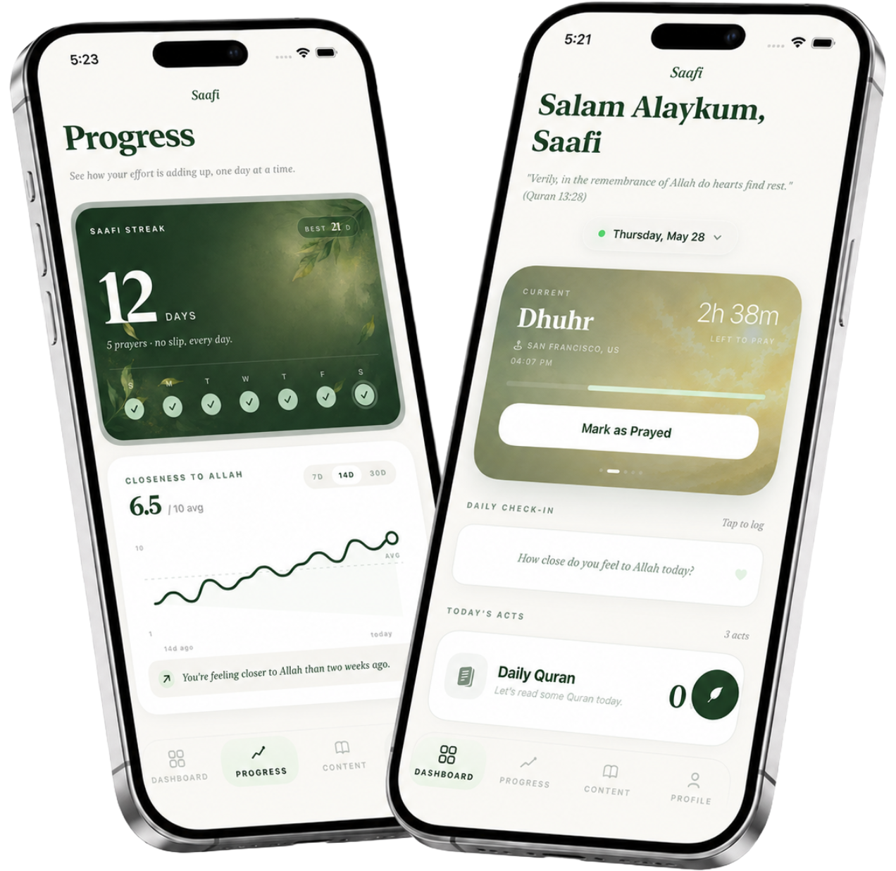 Saafi app shown on two phones — the dashboard with daily worship and a guided Rescue Mode screen.