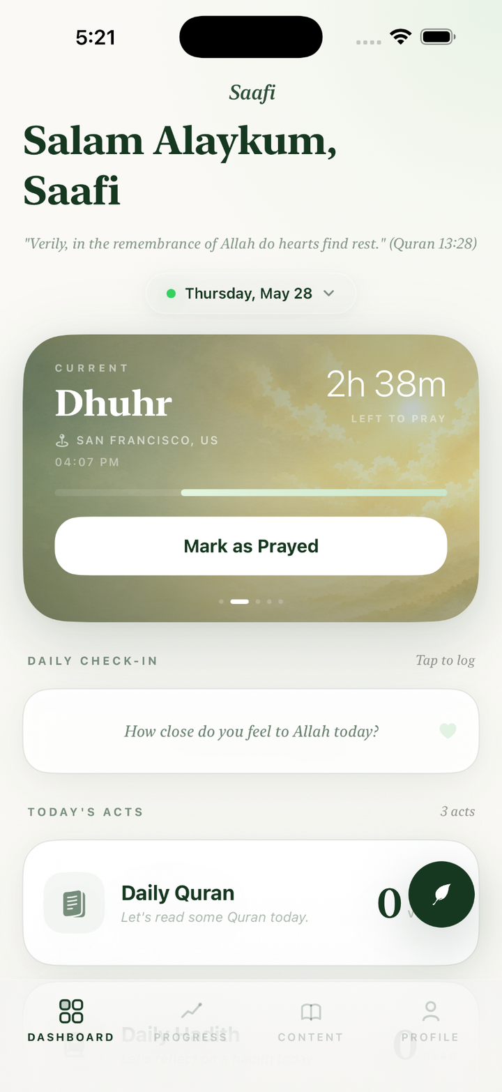 Saafi dashboard showing the next prayer, daily Quran, hadith, and dhikr.