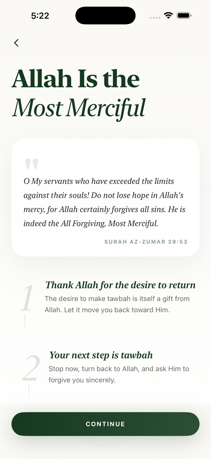 Saafi return screen reminding the user that Allah is the Most Merciful, with steps to take next.