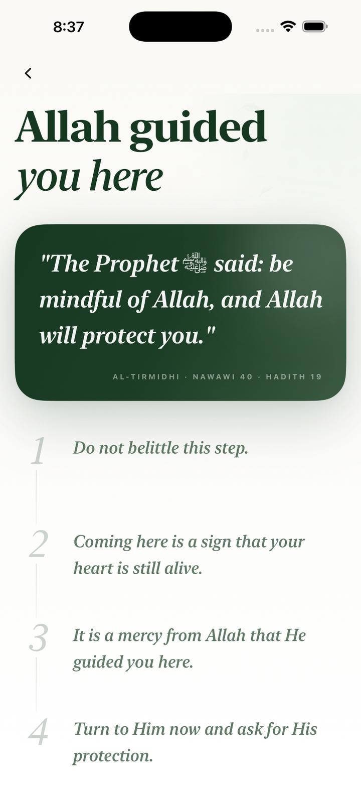 Saafi rescue screen with a reminder to be mindful of Allah and a continue button.